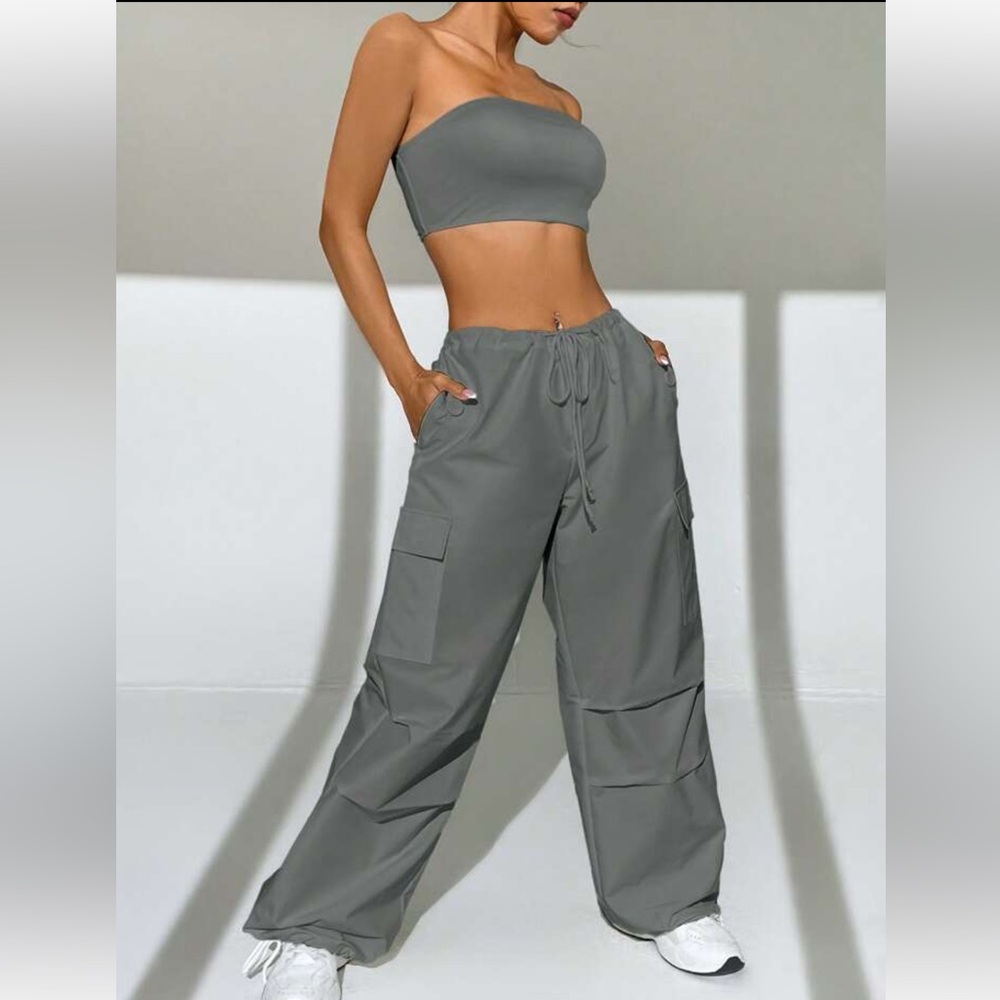 Grey solid tube top & drawstring waist cargo pants